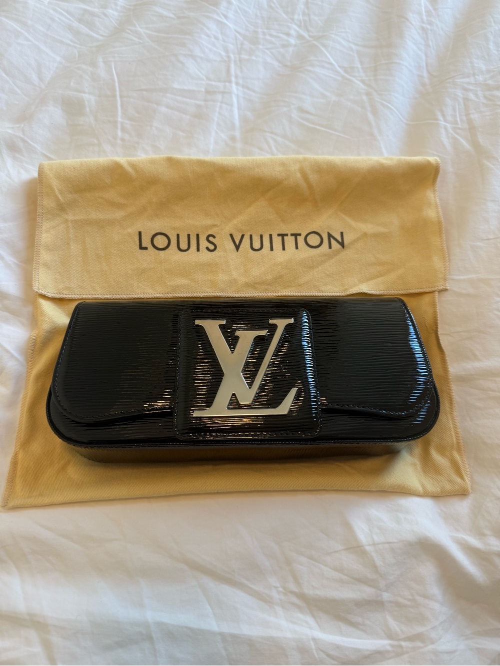 Louis Vuitton Black Patent Epi Leather Clutch with Silver LV Emblem